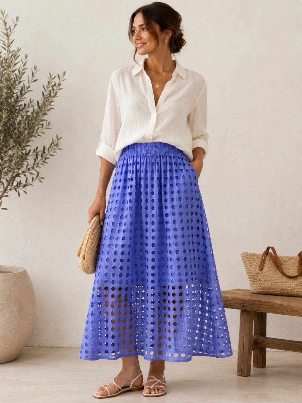 NWT Purple LOFT Beach Eyelet Maxi Skirt 100% Cotton Resort Coastal Pockets S